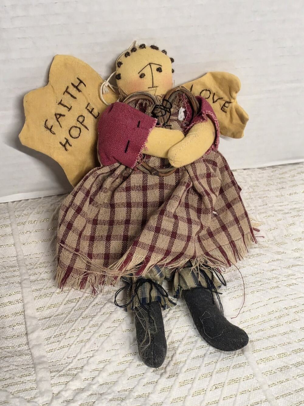 Folk Art Christmas Angel Cloth Doll 9" Decorated Apron/Vest Country Plaid Dress